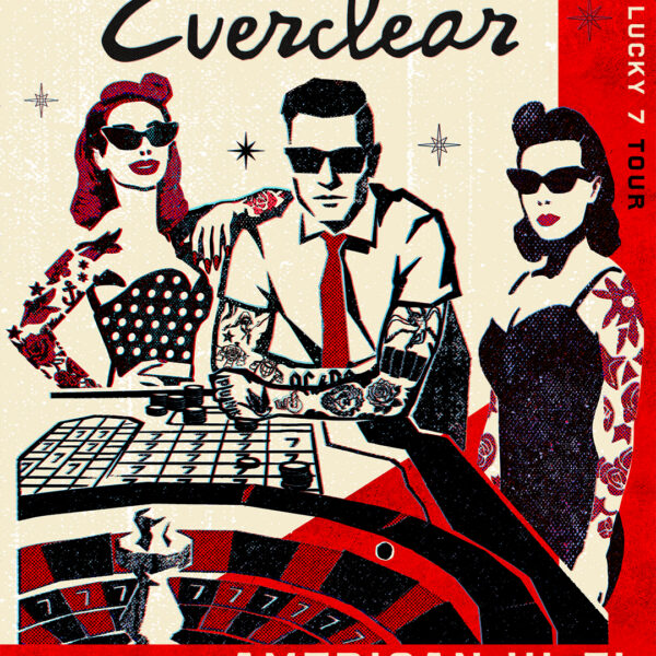 Retro-style concert poster for Everclear with American Hi-Fi; three tattooed characters sit at a casino-style betting table in a bold, vintage design.
