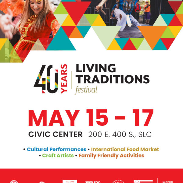 Festival poster for Living Traditions Festival with colorful geometric triangles and dancers; dates May 15–17 at Civic Center, Salt Lake City.