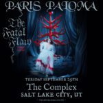 Concert poster for Paris Paloma's The Fatal Flaw Tour 2026, featuring a woman in a white dress on a blue stage with a red tree, listing Tuesday Sept 29 at The Complex in Salt Lake City, UT.