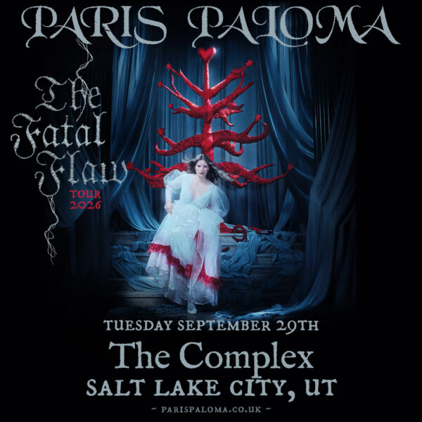 Concert poster for Paris Paloma's The Fatal Flaw Tour 2026, featuring a woman in a white dress on a blue stage with a red tree, listing Tuesday Sept 29 at The Complex in Salt Lake City, UT.