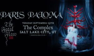 Concert poster for Paris Paloma—The Fatal Flaw Tour 2022 at The Complex, Salt Lake City, with a performer in a white dress under a red tree sculpture, on a dark stage.