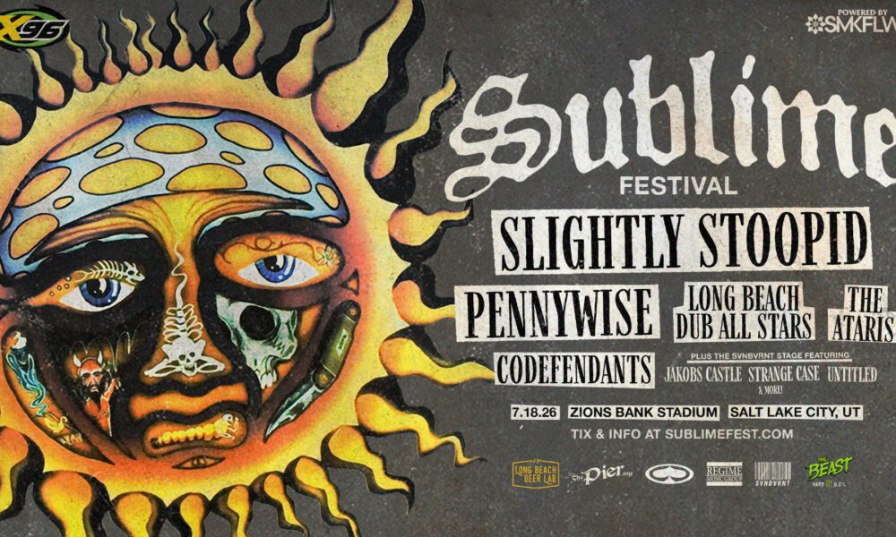 Poster for Sublime Festival with a fiery sun illustration and bold band lineup text: Slighlty Stoopid, Pennywise, Long Beach Dub All Stars, The Ataris, etc.