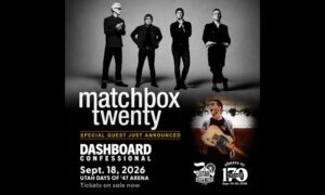 Promotional poster for Matchbox Twenty with Dashboard Confessional, announcing Sept 18, 2026 at Utah Days of ’47 Arena; tickets on sale now.