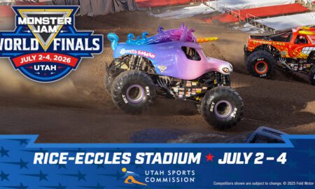 Monster Jam World Finals logo with colorful monster trucks racing on a dirt track and a Rice-Eccles Stadium banner (July 2–4, Utah).