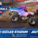 Monster Jam World Finals logo with colorful monster trucks racing on a dirt track and a Rice-Eccles Stadium banner (July 2–4, Utah).