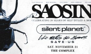 Concert poster showing a large beetle illustration on the left with band names Saosin, Silent Planet, and others at the top, and event details: Sat. November 21 at The Complex.