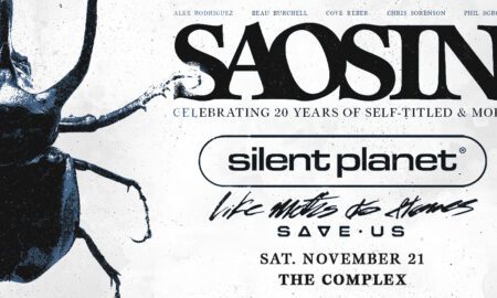 Concert poster showing a large beetle illustration on the left with band names Saosin, Silent Planet, and others at the top, and event details: Sat. November 21 at The Complex.