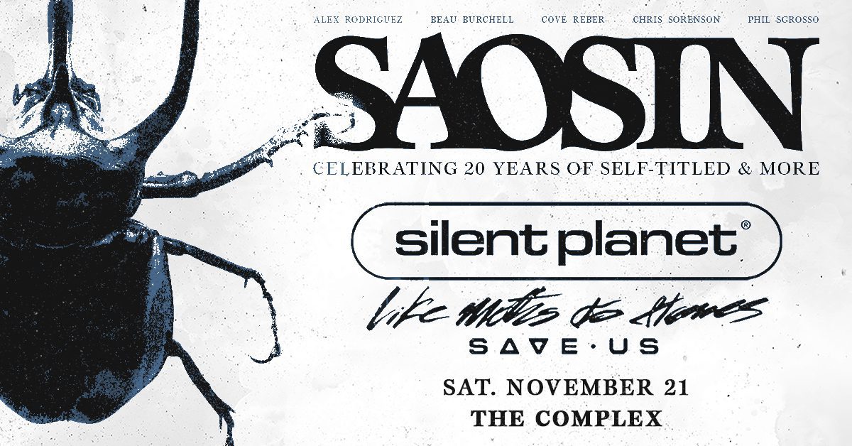 Concert poster showing a large beetle illustration on the left with band names Saosin, Silent Planet, and others at the top, and event details: Sat. November 21 at The Complex.