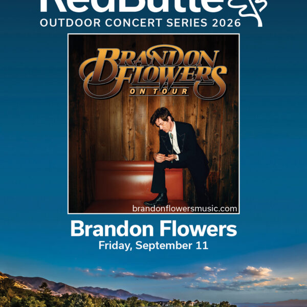 Poster advertising Brandon Flowers on tour as part of RedButte Outdoor Concert Series 2026, with Toyota sponsorship and a crowd at the venue below the poster.