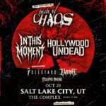 Poster for Taste of Chaos tour with red circle and tree silhouettes; lists bands and reads 'Salt Lake City, UT' at The Complex, doors 4 PM, Oct 20—concert event info.