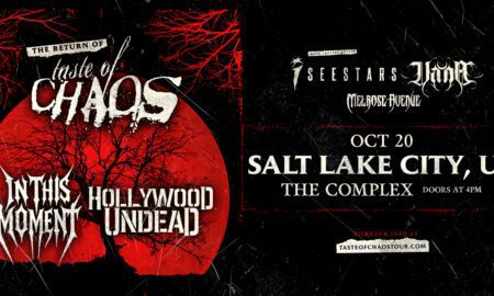 Poster for a rock/metal concert tour: The Return of Taste of Chaos with In This Moment and Hollywood Undead in a red-and-black design with a silhouetted tree inside a red circle on the left and venue details on the right.