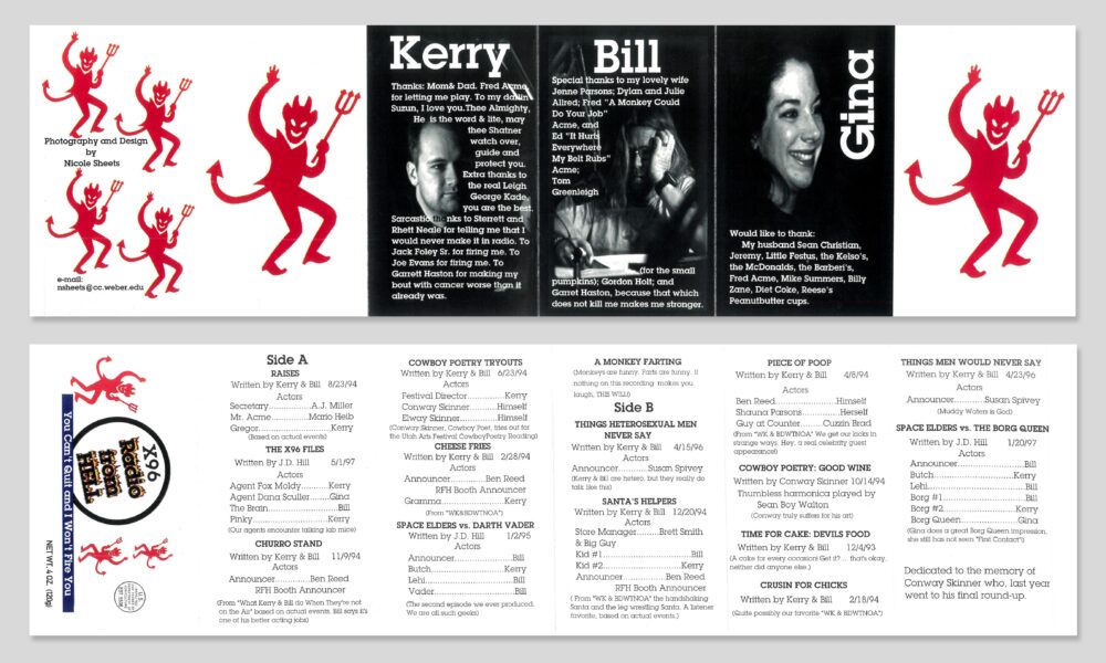 Spread from a vintage program with red devil mascots on white margins flanking black-and-white portrait panels and credits (Kerry, Bill, Gund). It resembles a pavilion of contributor names and article titles for a cowboy poetry publication.
