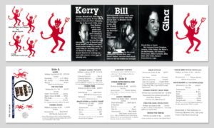 Spread from a vintage program with red devil mascots on white margins flanking black-and-white portrait panels and credits (Kerry, Bill, Gund). It resembles a pavilion of contributor names and article titles for a cowboy poetry publication.