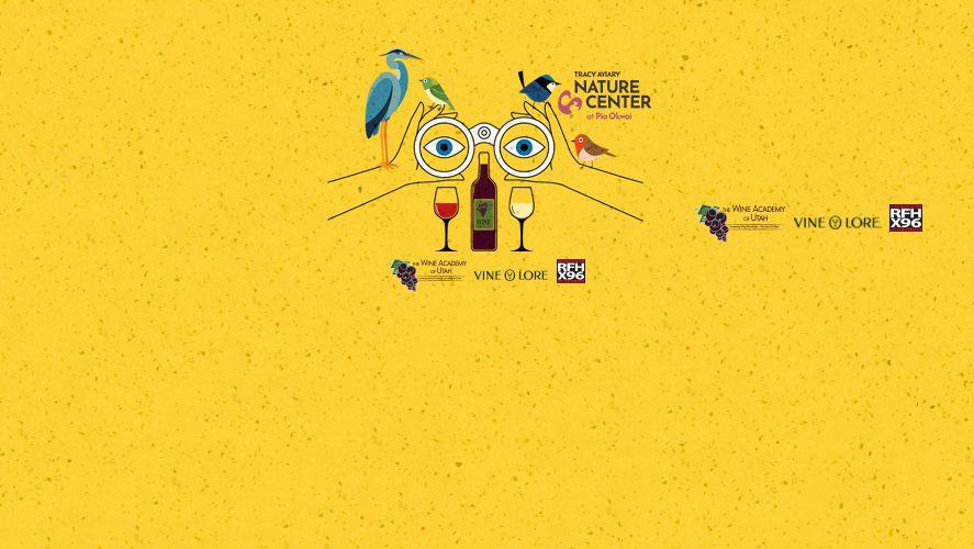 Whimsical yellow poster showing birds perched on oversized glasses around a wine bottle and two wine glasses, with sponsor logos nearby.