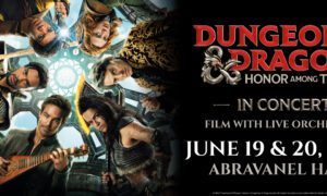 Dungeons & Dragons concert poster: fantasy-costumed performers on the left with instruments, and event details on the right for June 19–20, 2026 at Abravanel Hall.