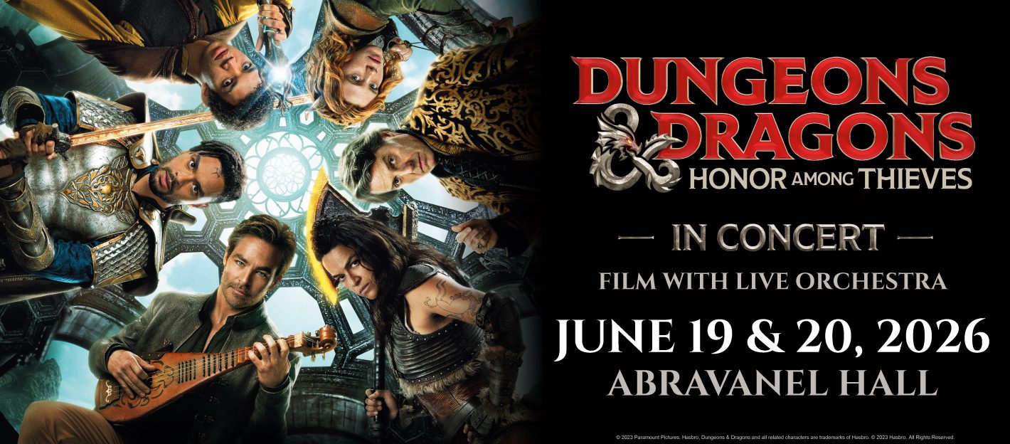 Dungeons & Dragons concert poster: fantasy-costumed performers on the left with instruments, and event details on the right for June 19–20, 2026 at Abravanel Hall.