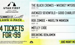 Promotional poster advertising a '4 Tickets for $99' lawn pack at Utah First Amphitheatre, listing bands The Black Crowes, Avenged Sevenfold, Rob Zombie, Mötley Crüe, and Breaking Benjamin with dates. (informative)