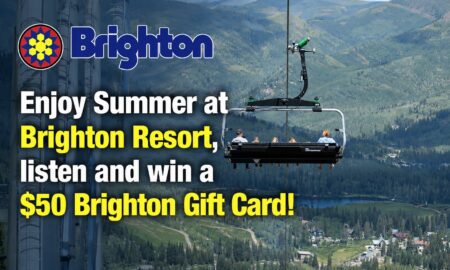 Brighton Resort advertisement with logo, large white and yellow text about a $50 gift card and a ski lift over a mountainous landscape.