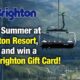 Brighton Resort advertisement with logo, large white and yellow text about a $50 gift card and a ski lift over a mountainous landscape.