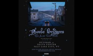 Poster for Phoebe Bridgers' The Lost Tour 2026 with details and date, featuring a moody street scene and starry background.