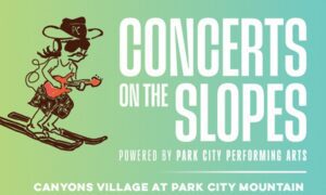 Poster for 'Concerts on the Slopes' with a cartoon skier guitarist, gradient green-to-teal background, announcing events at Canyons Village, Park City Mountain.