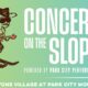 Poster for 'Concerts on the Slopes' with a cartoon skier guitarist, gradient green-to-teal background, announcing events at Canyons Village, Park City Mountain.