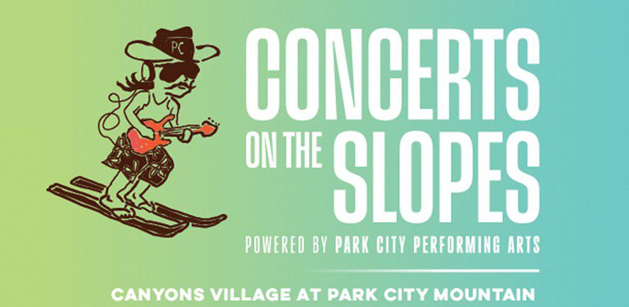 Poster for 'Concerts on the Slopes' with a cartoon skier guitarist, gradient green-to-teal background, announcing events at Canyons Village, Park City Mountain.