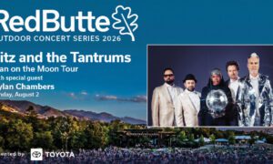 RedButte Outdoor Concert Series 2026 poster advertising Fitz and the Tantrums with Dylan Chambers, outdoor venue and crowd at the bottom edge of the image