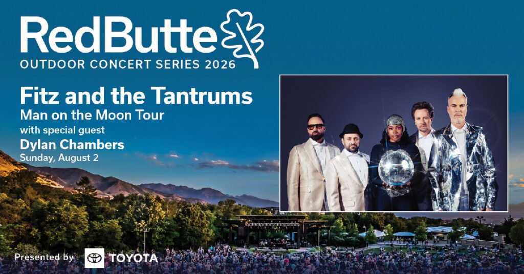 RedButte Outdoor Concert Series 2026 poster advertising Fitz and the Tantrums with Dylan Chambers, outdoor venue and crowd at the bottom edge of the image