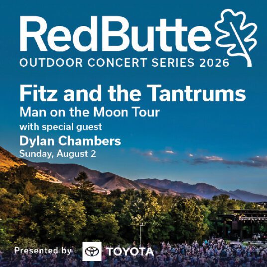 Poster advertising RedButte Outdoor Concert Series 2026: Fitz and the Tantrums with Dylan Chambers, Sunday, August 2, presented by Toyota, against a mountains-and-crowd backdrop.