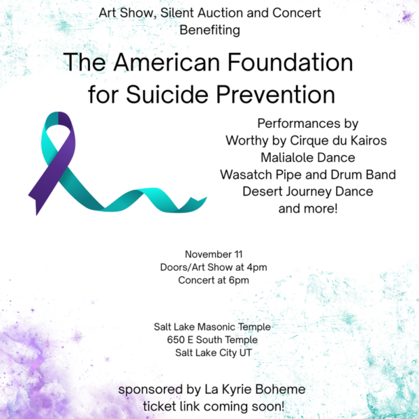 Poster for 'Where Darkness Fails' art show and concert benefiting the American Foundation for Suicide Prevention, featuring a teal-purple awareness ribbon.