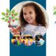 Smiling girl drawing with a red pencil, surrounded by apple-tree illustrations and logos for The Road Home Apple Tree and The Advocates.