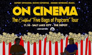 Promotional poster for ON CINEMA: The Certified ‘Five Bags of Popcorn’ Tour, showing two men seated with popcorn against a starry backdrop.