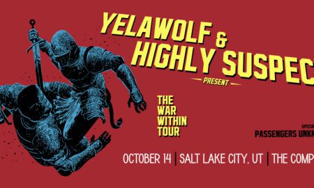 Red promotional poster for Yelawolf & Highly Suspect's The War Within Tour, Oct 14 in Salt Lake City, UT, The Complex. Details include guests unknown and bold yellow typography on blue knight artwork on red background.