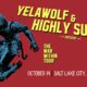 Red promotional poster for Yelawolf & Highly Suspect's The War Within Tour, Oct 14 in Salt Lake City, UT, The Complex. Details include guests unknown and bold yellow typography on blue knight artwork on red background.