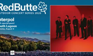 Poster for RedButte Outdoor Concert Series 2026 featuring Interpol with special guest Youth Lagoon on Tuesday, August 4 (Toyota presents). A right panel shows the band in suits against a red background.