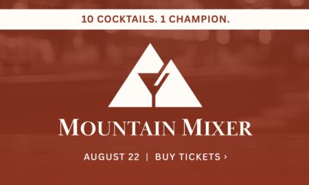 Promotional banner for Mountain Mixer event with a mountain and cocktail glass logo, headline '10 Cocktails. 1 Champion.', and date 'August 22 | Buy Tickets'.