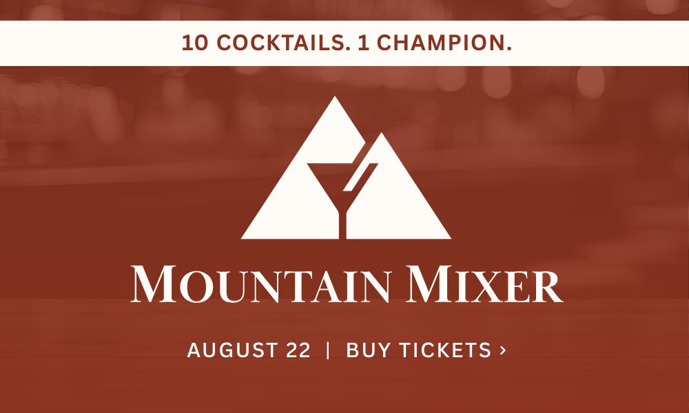 Promotional banner for Mountain Mixer event with a mountain and cocktail glass logo, headline '10 Cocktails. 1 Champion.', and date 'August 22 | Buy Tickets'.