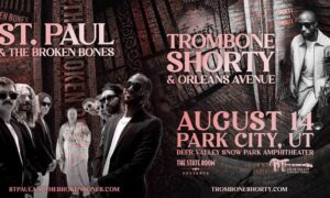 Concert poster for St. Paul & The Broken Bones and Trombone Shorty & Orleans Avenue, announcing August 14 in Park City, Utah (Deer Valley Snow Park Amphitheater).