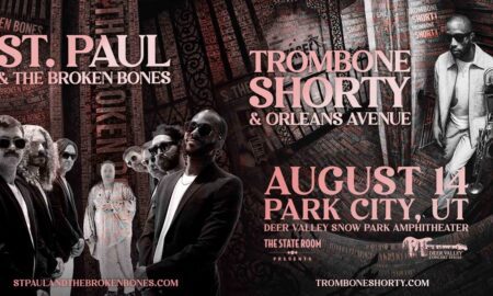 Concert poster for St. Paul & The Broken Bones and Trombone Shorty & Orleans Avenue, announcing August 14 in Park City, Utah (Deer Valley Snow Park Amphitheater).